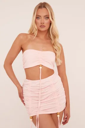 Pink Ruching Detail Bandeau Cropped Top & Mini Skirt Co-ord Set - Trisa