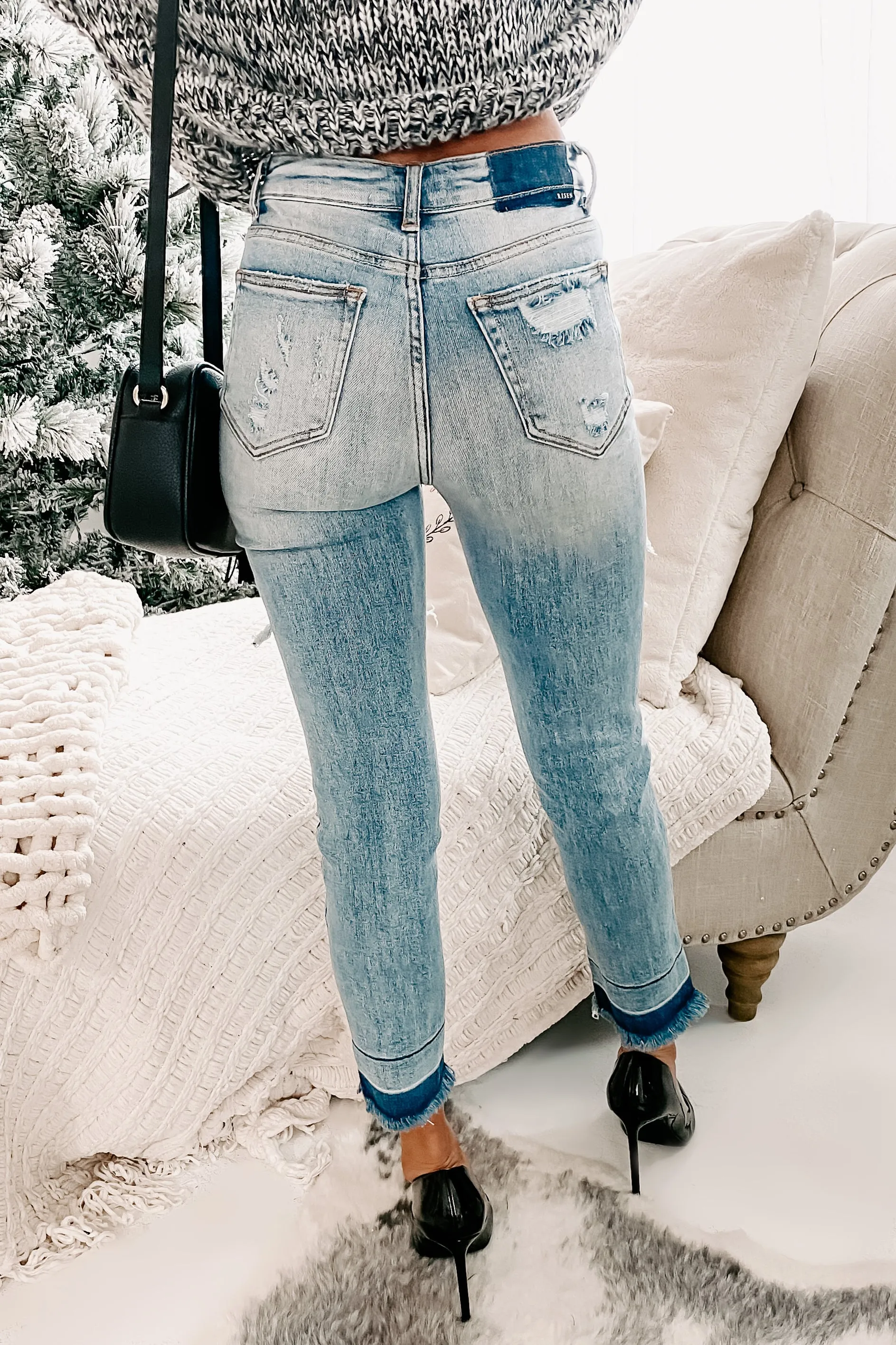 "Roger That" Distressed Shadow Hem Risen Jeans (Light)