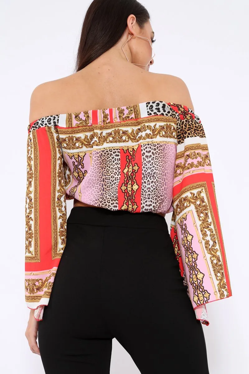 Red and Pink Scarf Print Bardot Top with Flare Sleeves - Skyla