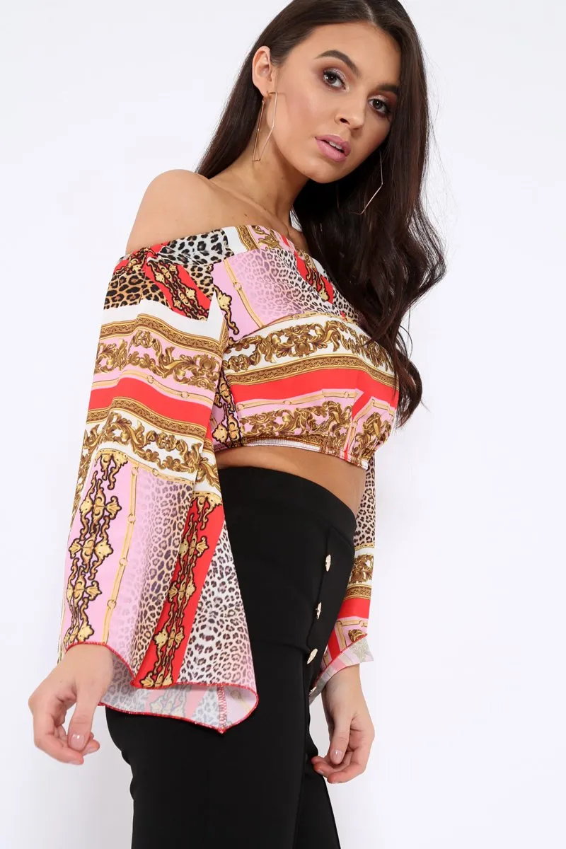 Red and Pink Scarf Print Bardot Top with Flare Sleeves - Skyla