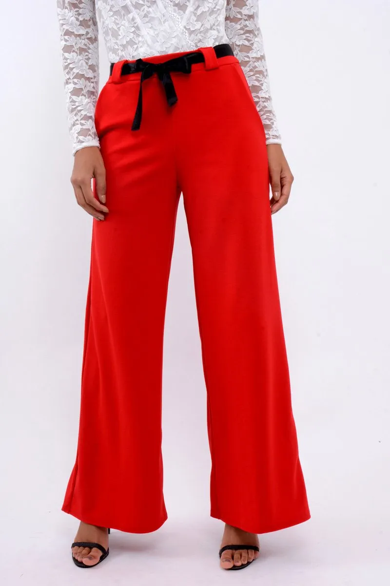 Red High Waist Flare Trousers with Black Sash Belt - Lila