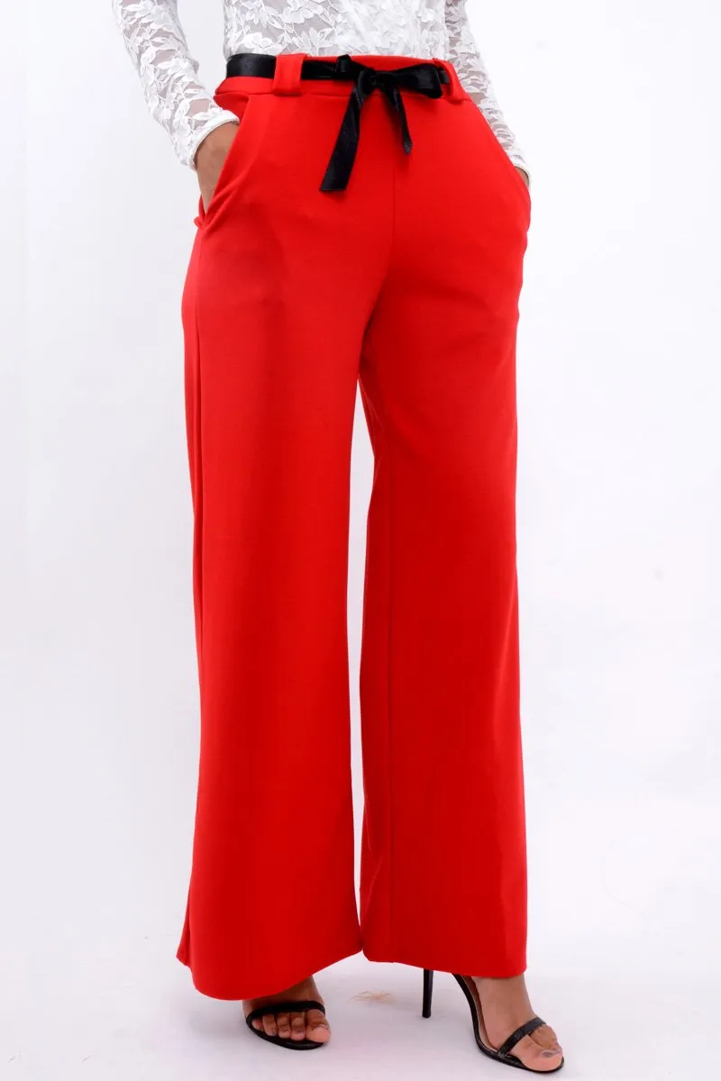 Red High Waist Flare Trousers with Black Sash Belt - Lila