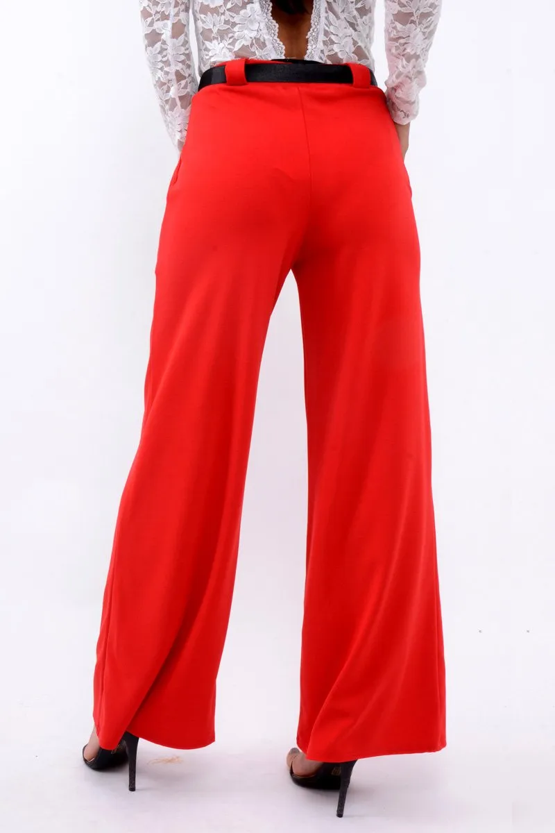 Red High Waist Flare Trousers with Black Sash Belt - Lila