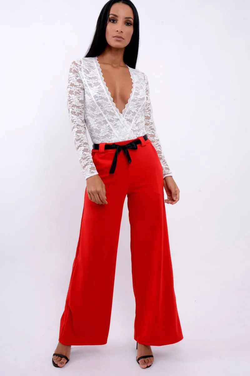 Red High Waist Flare Trousers with Black Sash Belt - Lila