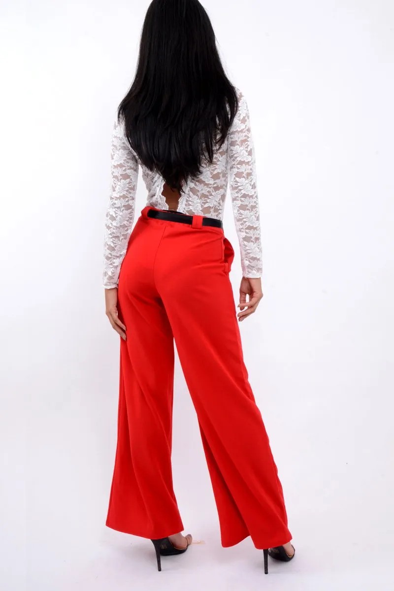 Red High Waist Flare Trousers with Black Sash Belt - Lila