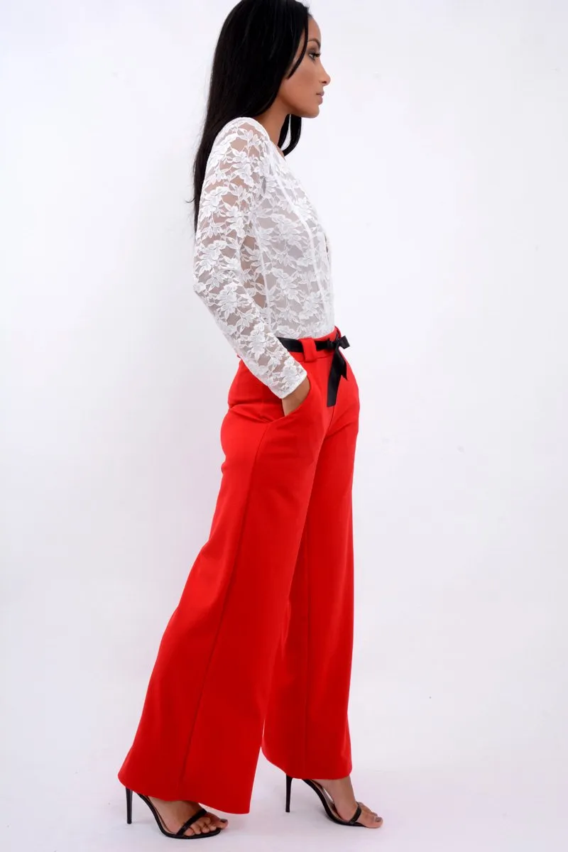 Red High Waist Flare Trousers with Black Sash Belt - Lila