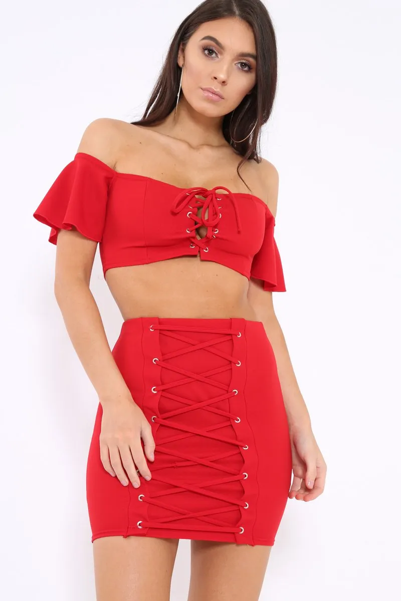 Red Lace Up Crop Top And Skirt Co-ord - Pixie