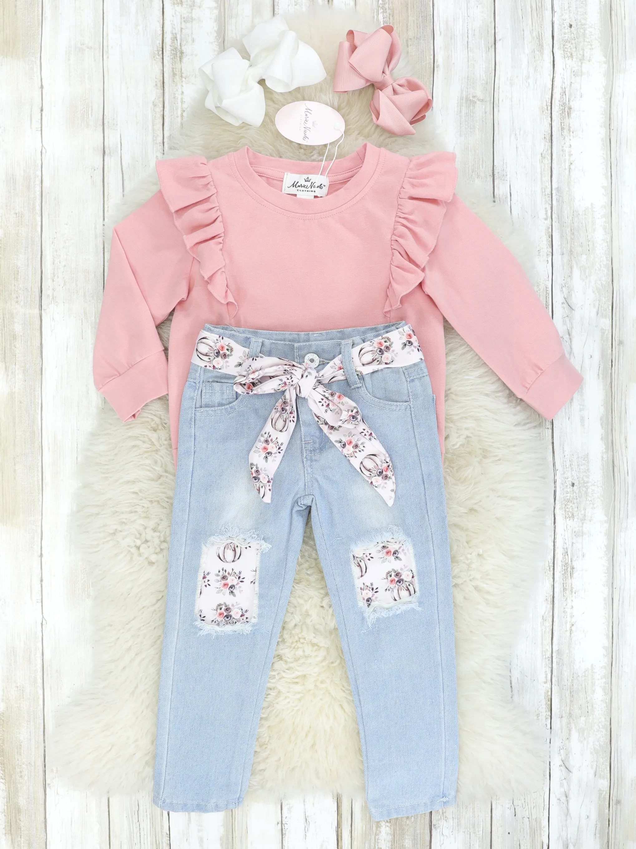 Rose Pink Ruffle Top & Distressed Denim Outfit