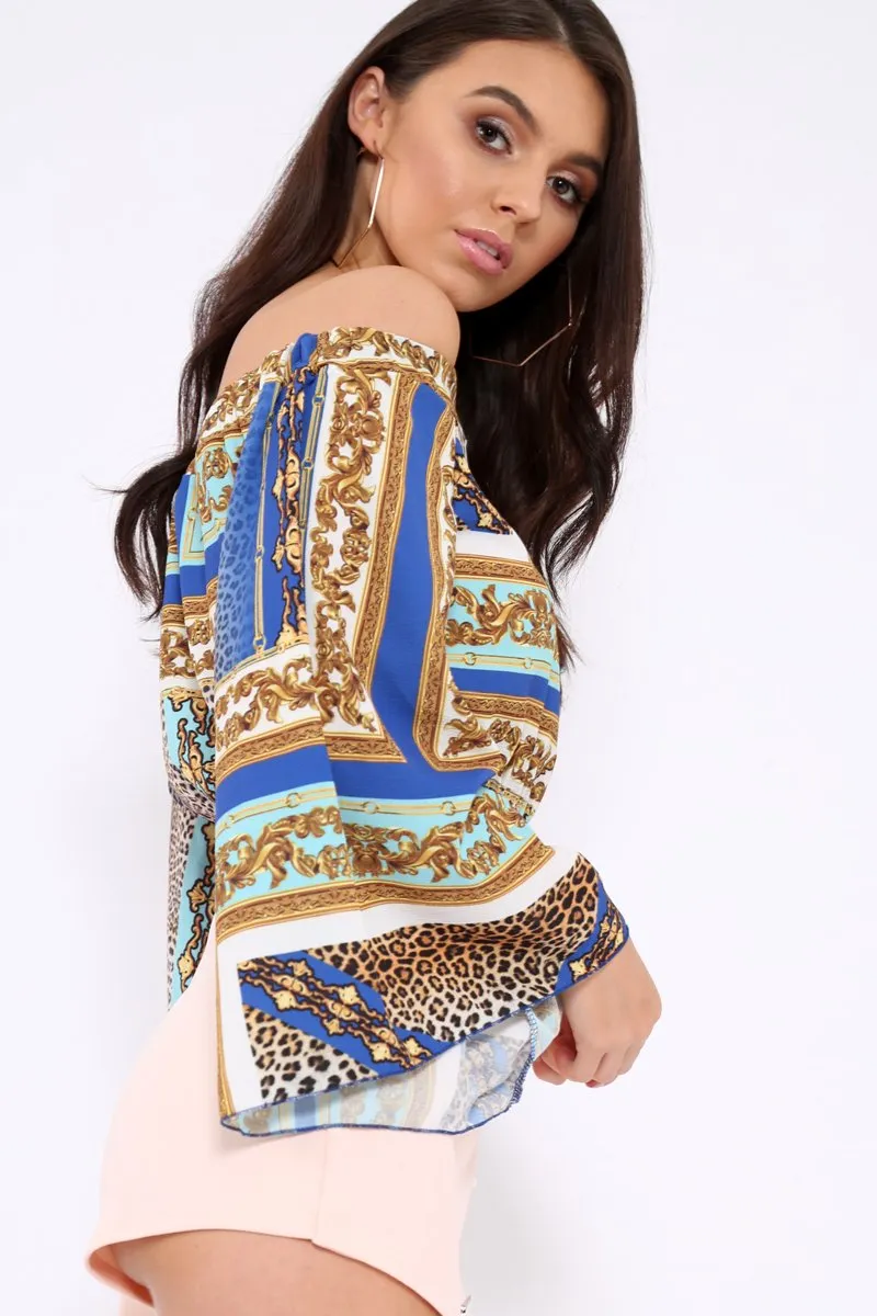 Royal Blue Scarf Print Bardot Top with Flare Sleeves - Skyla