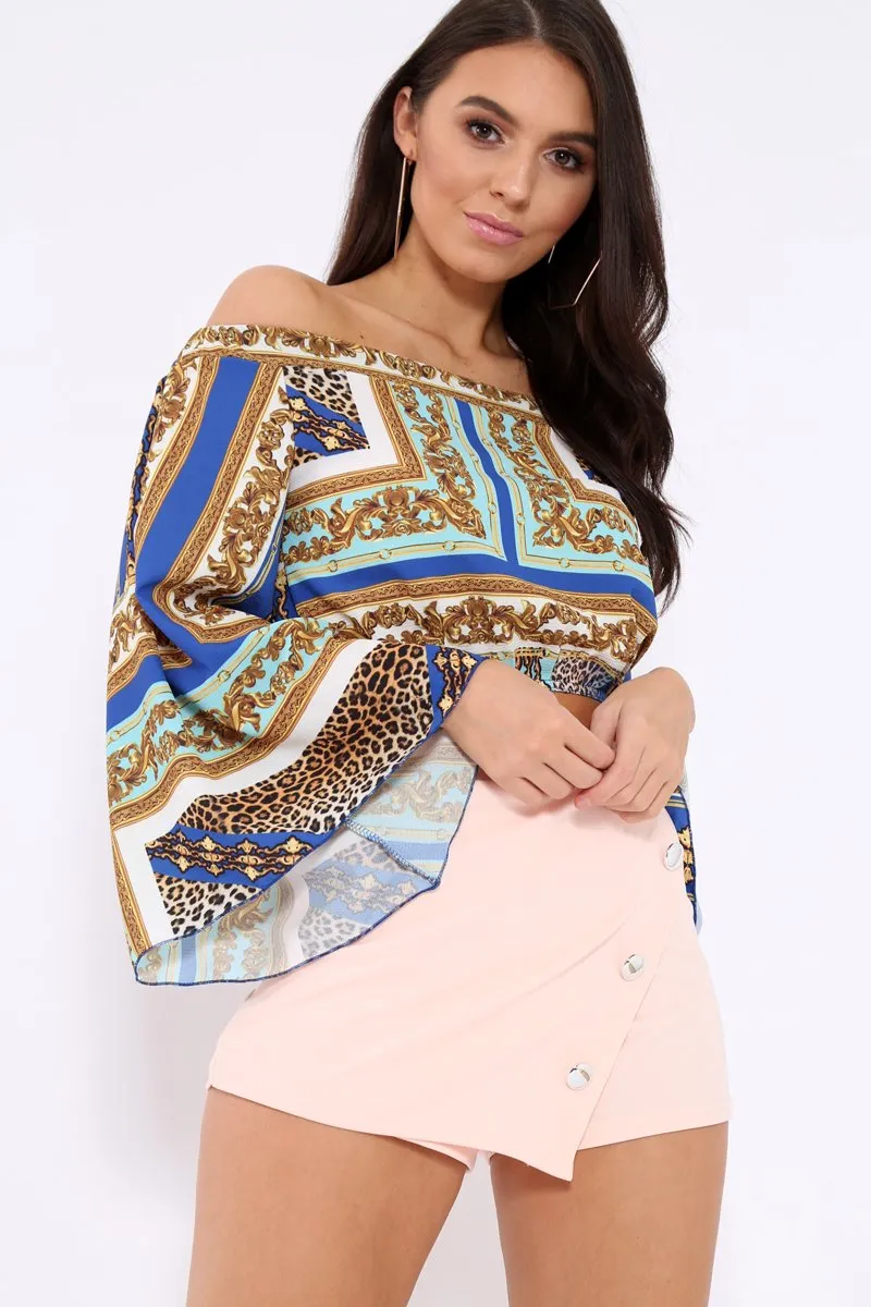 Royal Blue Scarf Print Bardot Top with Flare Sleeves - Skyla