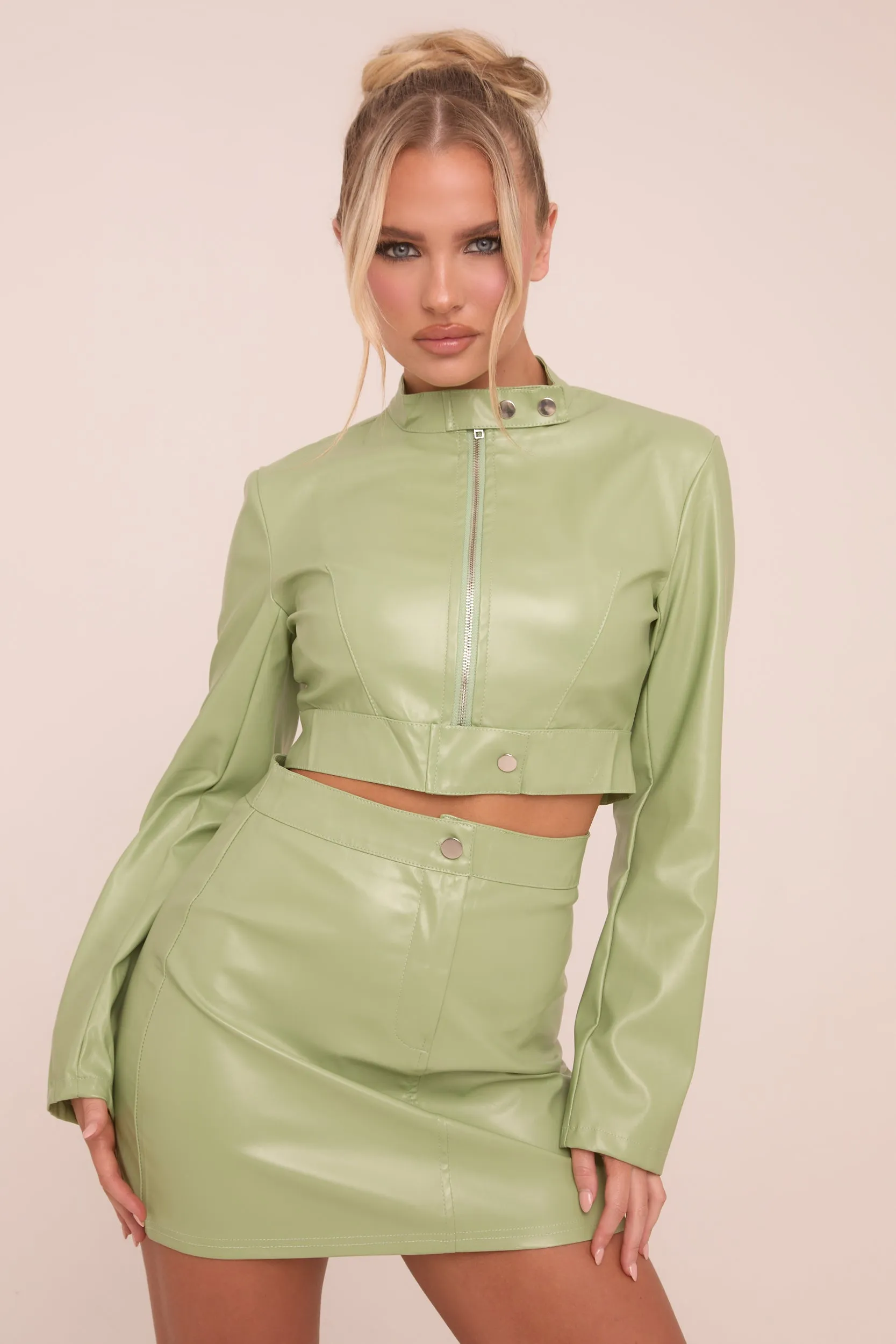 Sage Faux Leather Zip Detail Top & Mini Skirt Co-ord Set - Dora