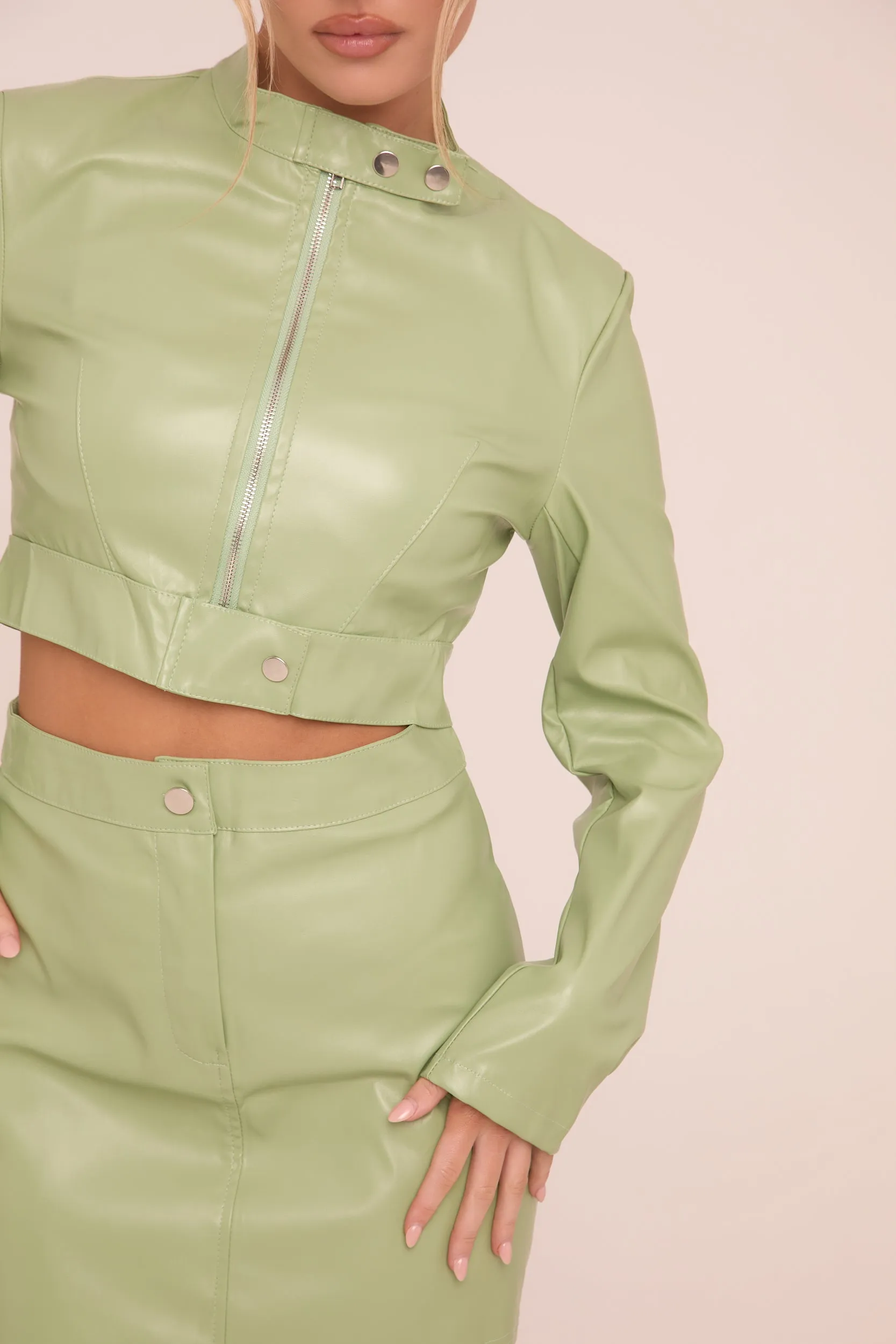 Sage Faux Leather Zip Detail Top & Mini Skirt Co-ord Set - Dora