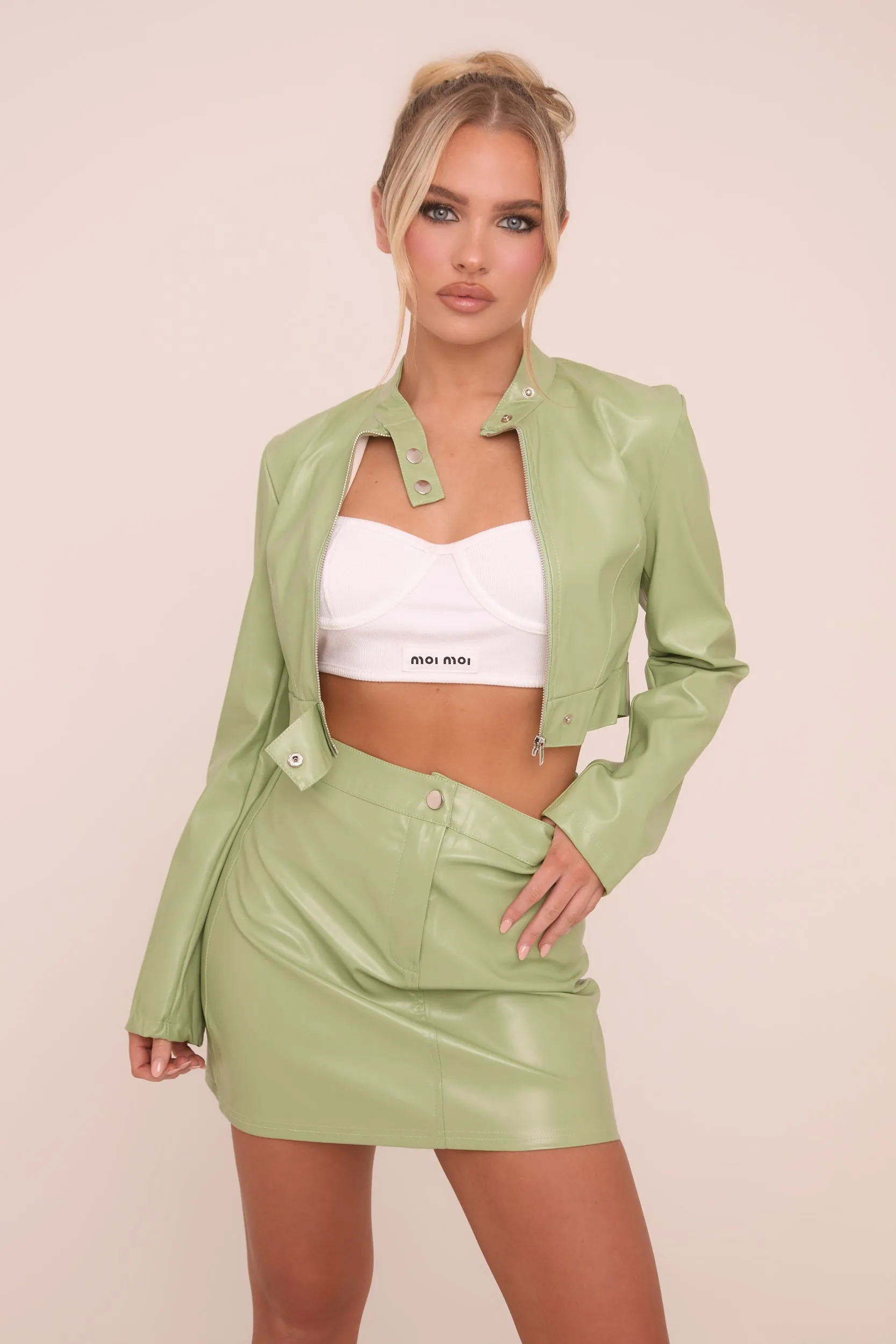 Sage Faux Leather Zip Detail Top & Mini Skirt Co-ord Set - Dora