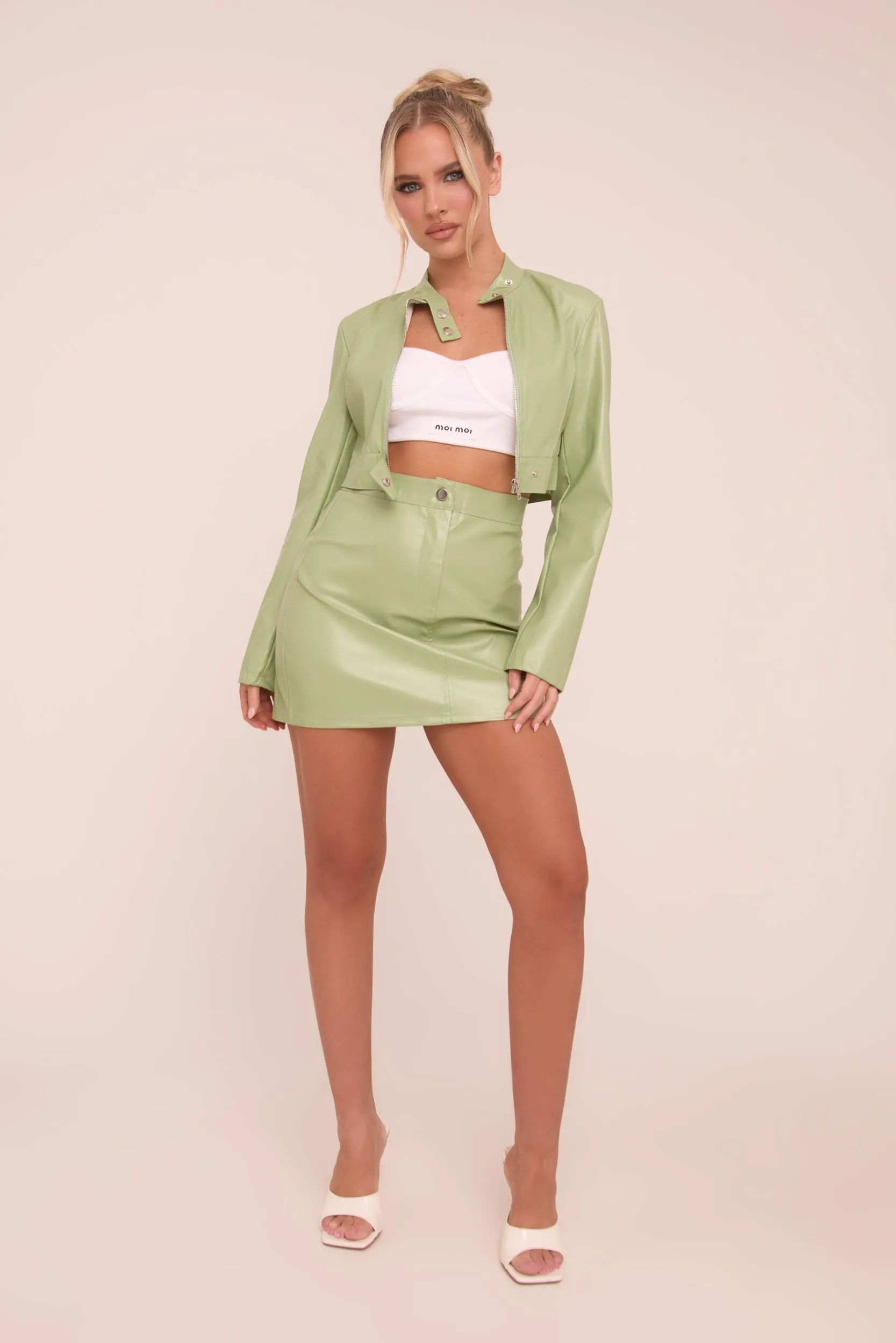 Sage Faux Leather Zip Detail Top & Mini Skirt Co-ord Set - Dora