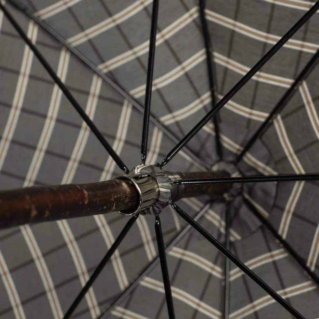 Solid stick umbrella, cherry wood, grey canopy with copper stripes