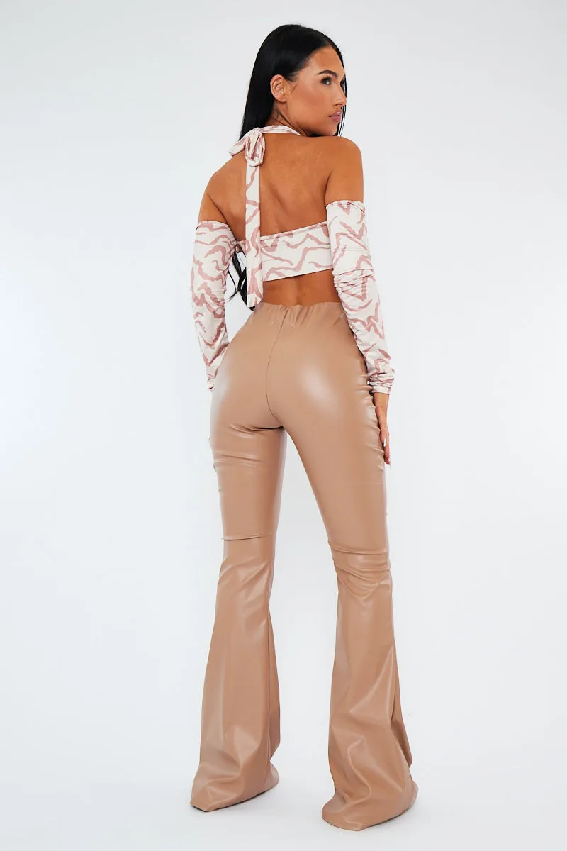 Stone PU Leather Dipped Waist Flare Trousers - Scarlett