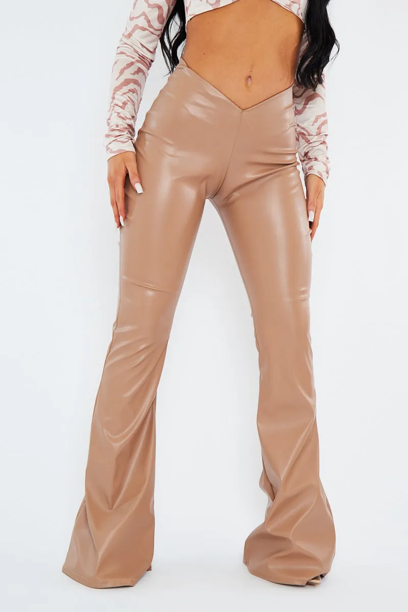 Stone PU Leather Dipped Waist Flare Trousers - Scarlett