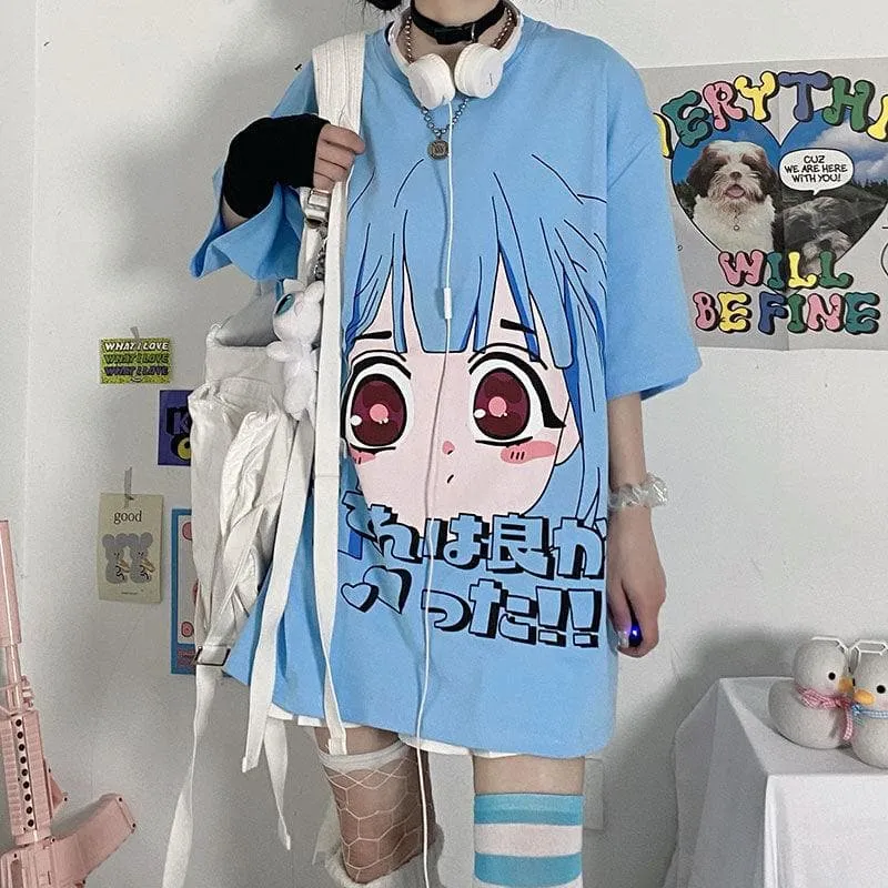 T-Shirt With Anime Girl Face Print And Japanese Lettering