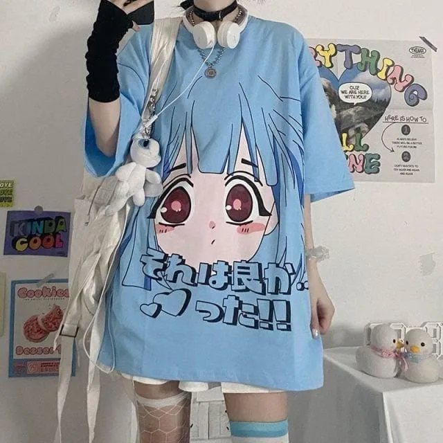 T-Shirt With Anime Girl Face Print And Japanese Lettering