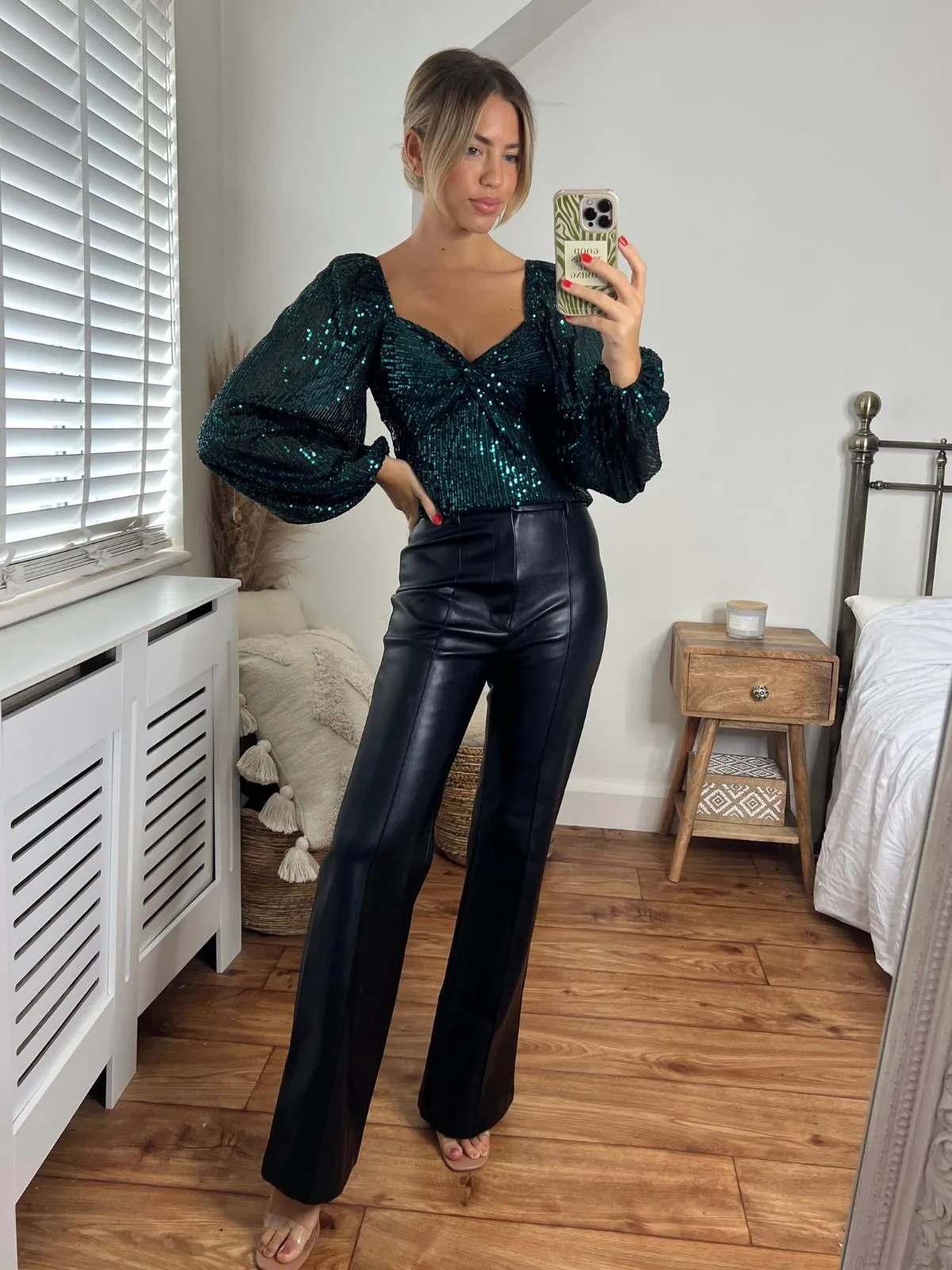 Tabitha Balloon sleeve Top / Green Sequin