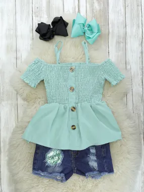 Teal Tunic Top & Sequin Denim Shorts Outfit