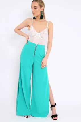 Teal Zip Front High Waisted Flare Trousers - Gerta