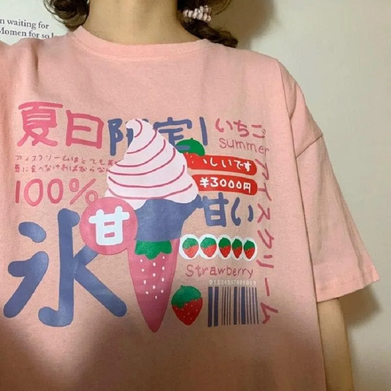 Tee With Ice Cream Print And Japanese Lettering