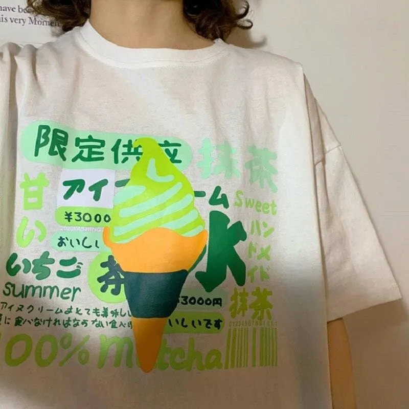 Tee With Ice Cream Print And Japanese Lettering