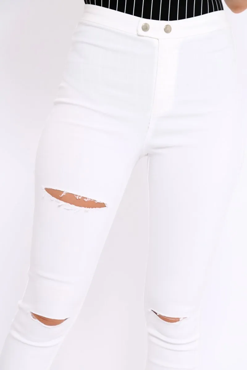 White Denim High Waist Distressed Jeans - Demmy