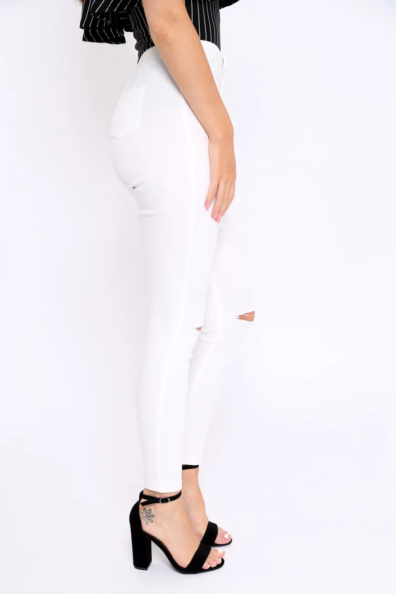 White Denim High Waist Distressed Jeans - Demmy