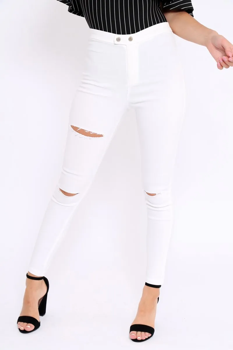 White Denim High Waist Distressed Jeans - Demmy