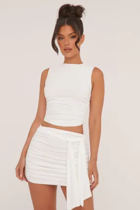 White Ruched Sleeveless Cropped Top & Mini Skirt Co-ord Set - Hallie