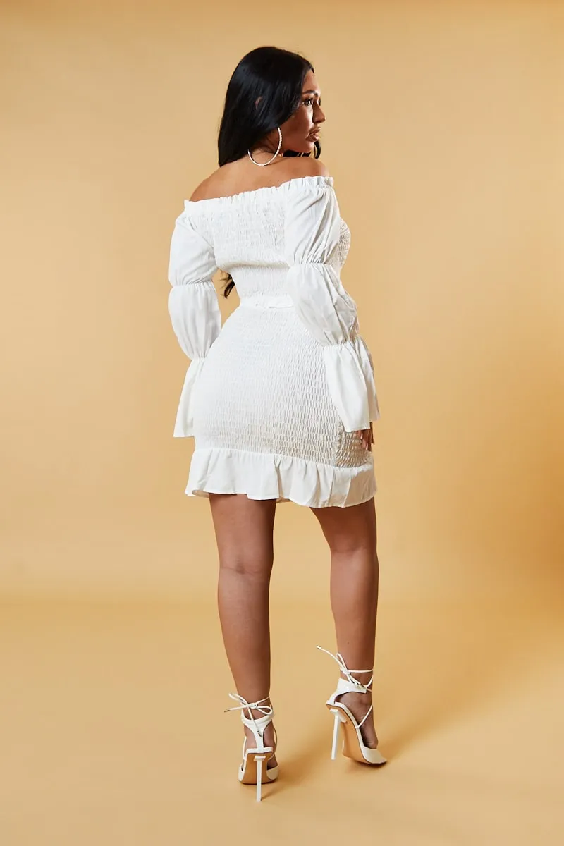 White Shirring Detail Bardot Top & Mini Skirt Co-ord Set - Connie