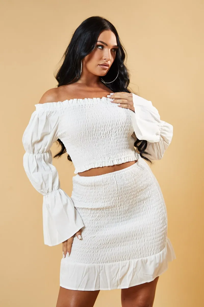 White Shirring Detail Bardot Top & Mini Skirt Co-ord Set - Connie