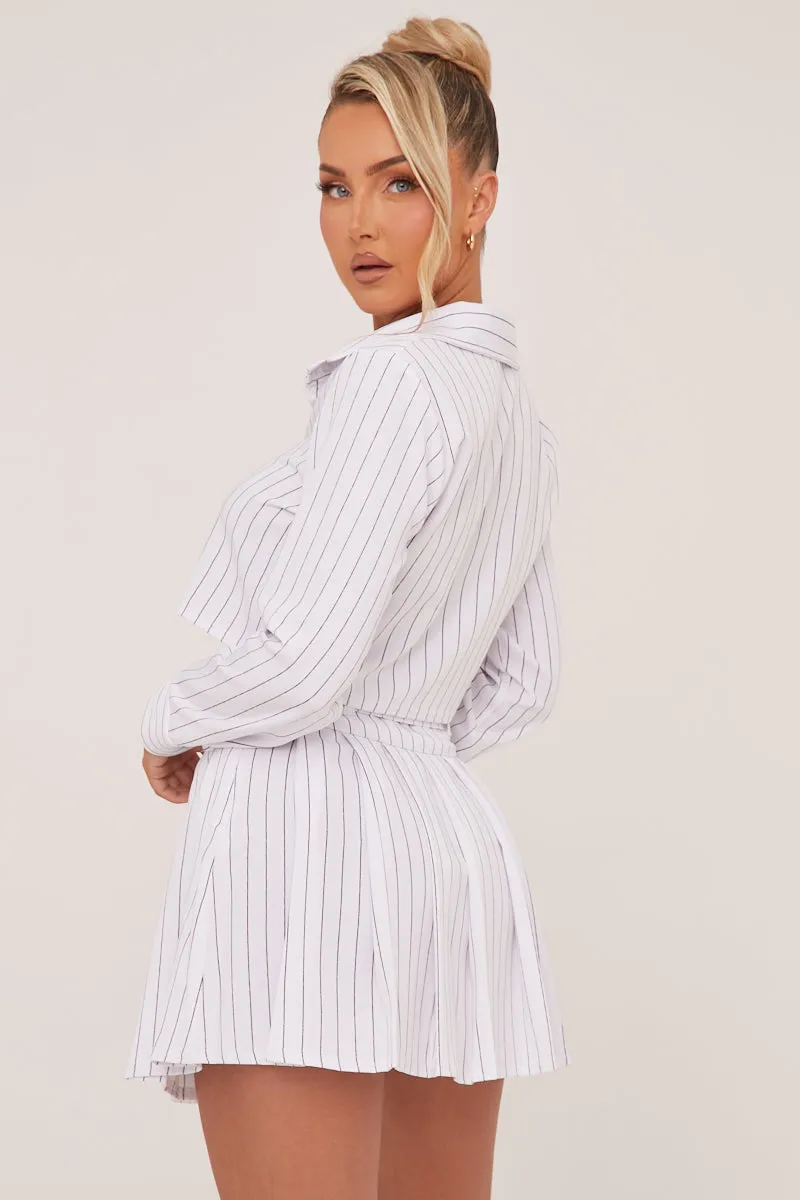 White Striped Button Up Shirt & Pleated Mini Skirt Co-ord Set - Nancy