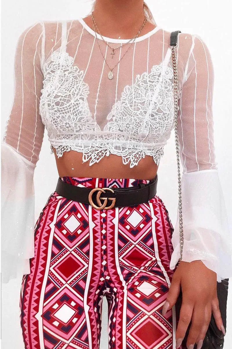 White Striped Sheer Crop Top with Flare Sleeves - Kaisey