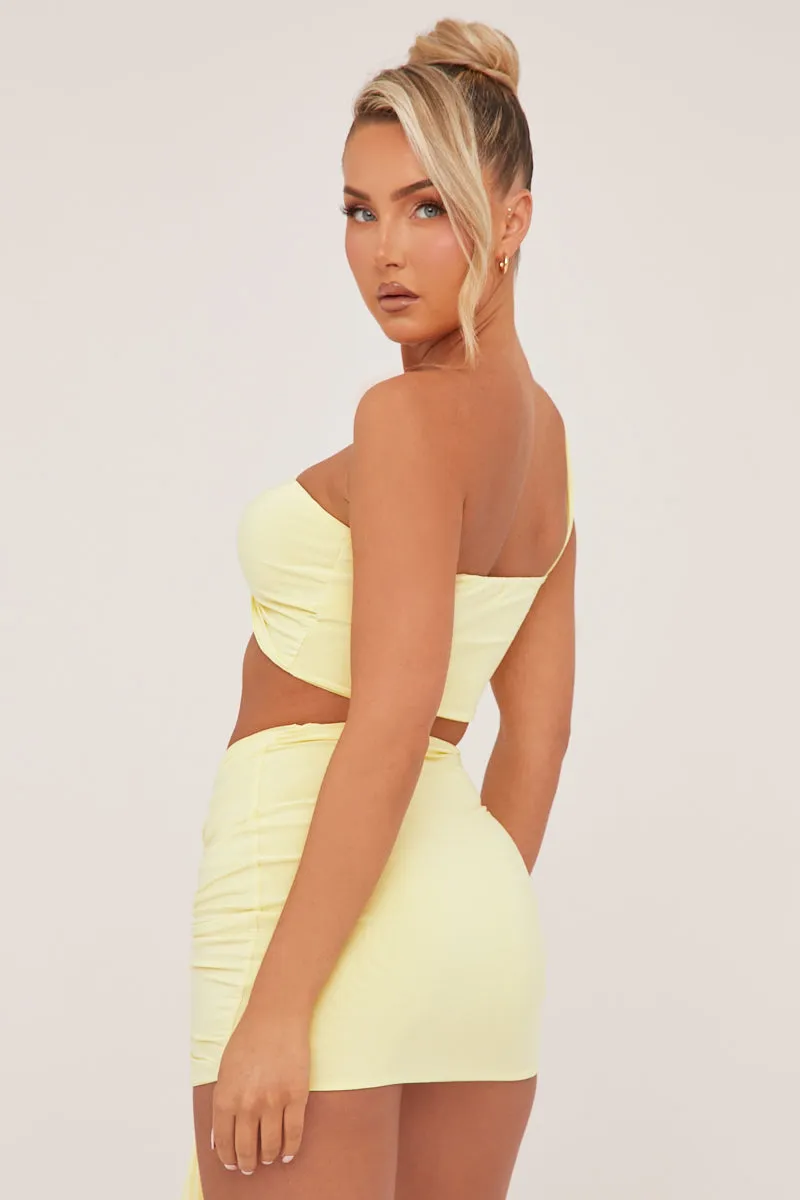 Yellow One Shoulder Cropped Top & Ruched Mini skirt Co-ord Set - Dahlia