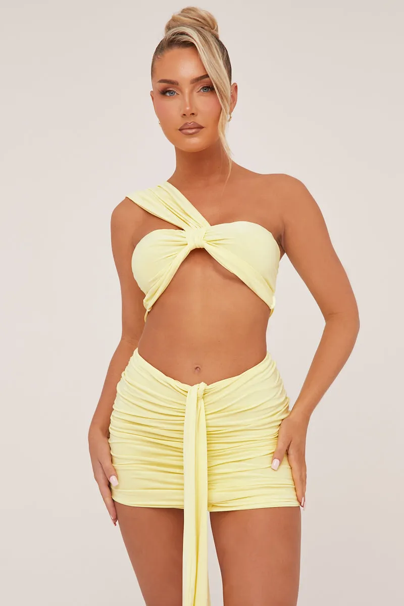 Yellow One Shoulder Cropped Top & Ruched Mini skirt Co-ord Set - Dahlia