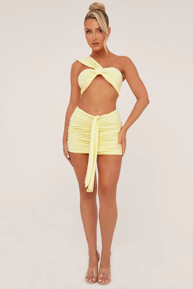 Yellow One Shoulder Cropped Top & Ruched Mini skirt Co-ord Set - Dahlia